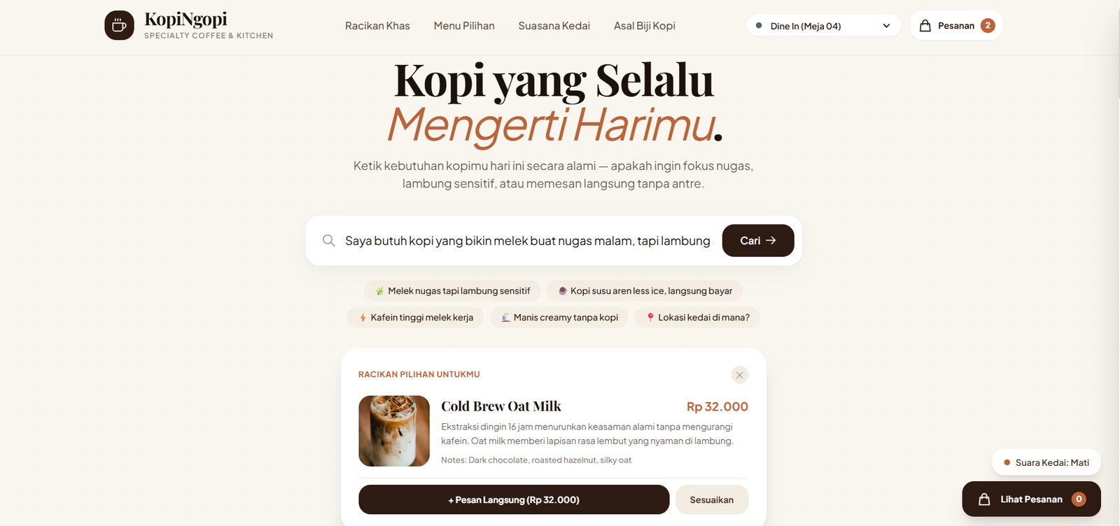 KopiNgopi — Seamless Specialty Coffee Web App with Invisible AI Barista Engine